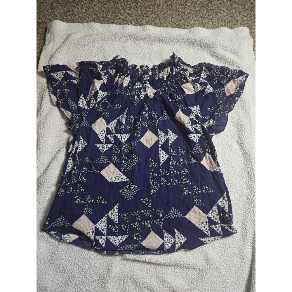 Madewell Purple White Geometric Flutter Sleeve Blouse Women Round Neck M